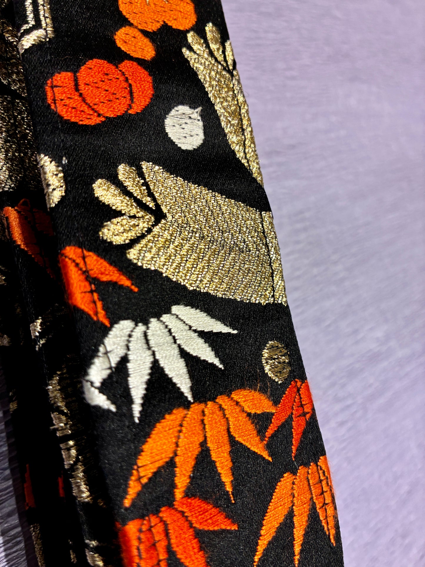 Hanakikko No.01A — Kimono Obi Guitar Strap, full view of the strap showing the flower and geometric weave.