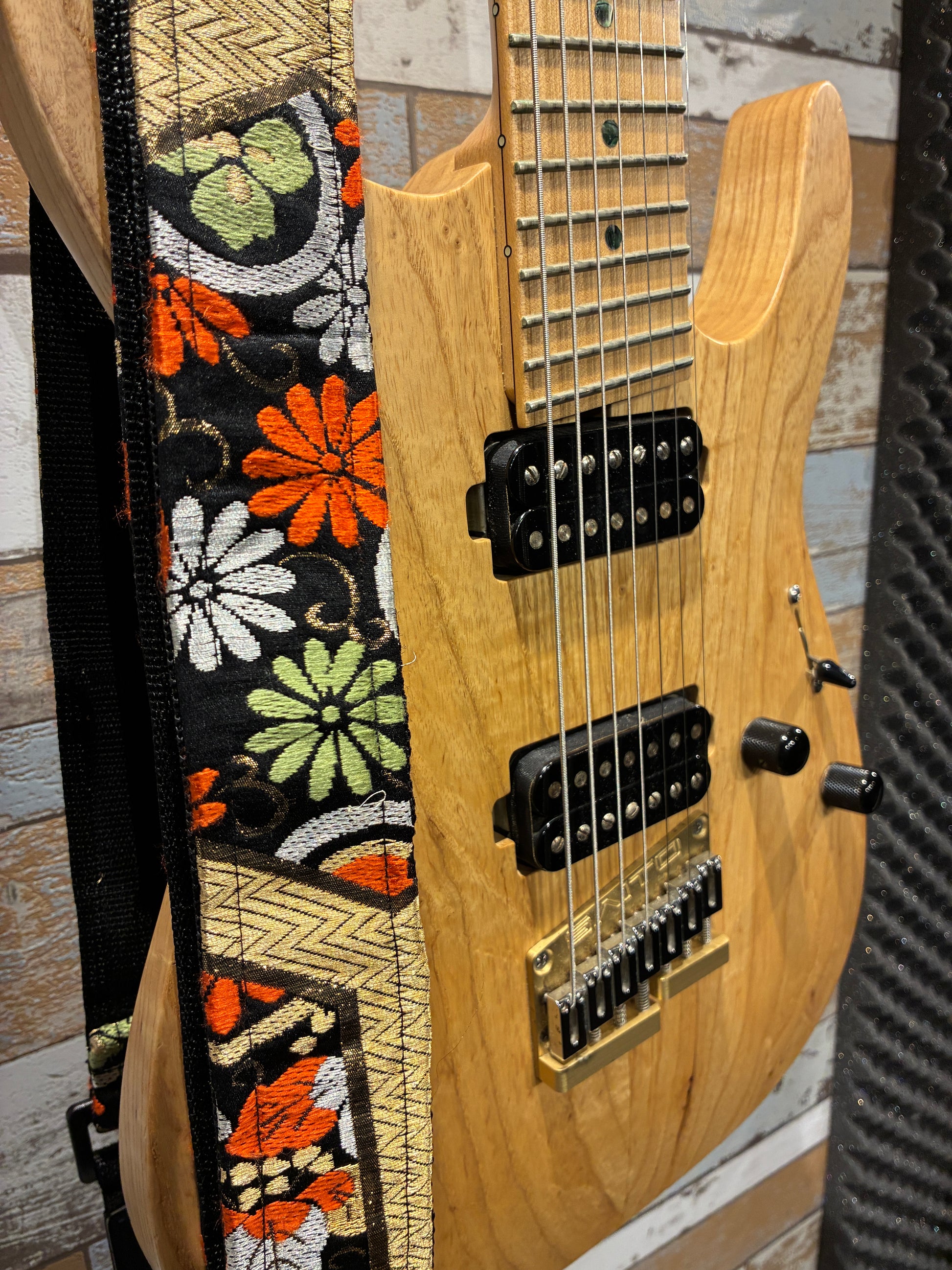 Kiku No.01A — Kimono Obi Guitar Strap, full view of the strap showing the chrysanthemum motif.