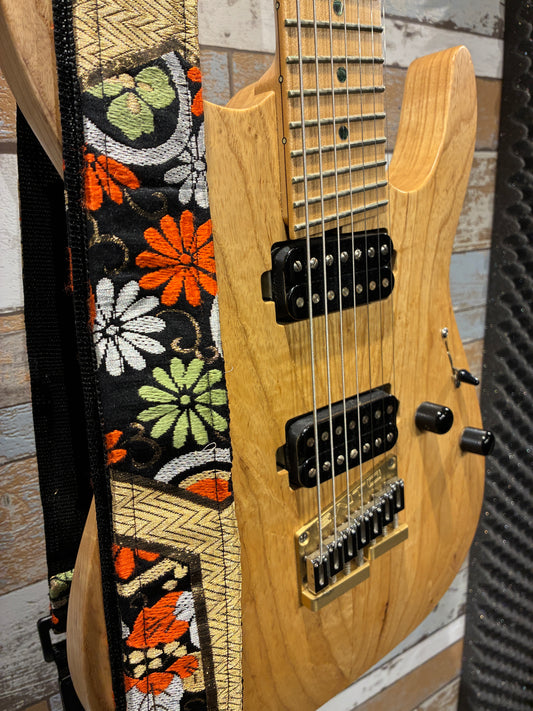 Kiku No.01A — Kimono Obi Guitar Strap, full view of the strap showing the chrysanthemum motif.