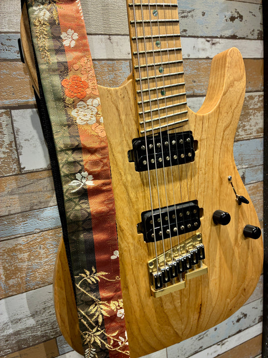 Kusabana No.01A — Kimono Obi Guitar Strap, full view of the strap showing the grass flowers.