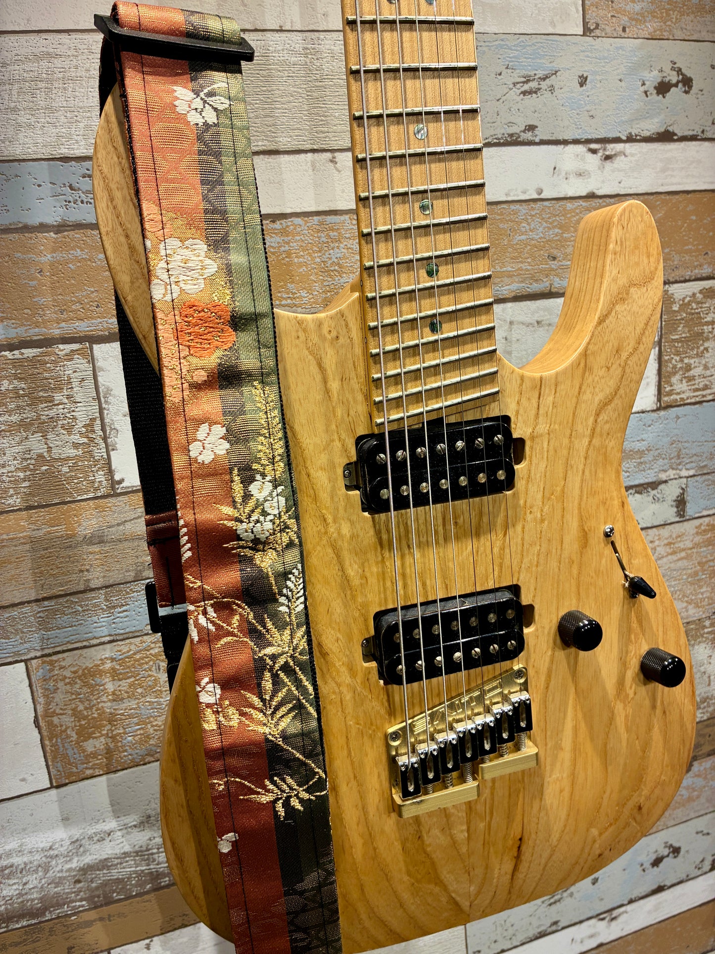 Kusabana No.03A — Kimono Obi Guitar Strap, full view of the strap showing the grass flowers.