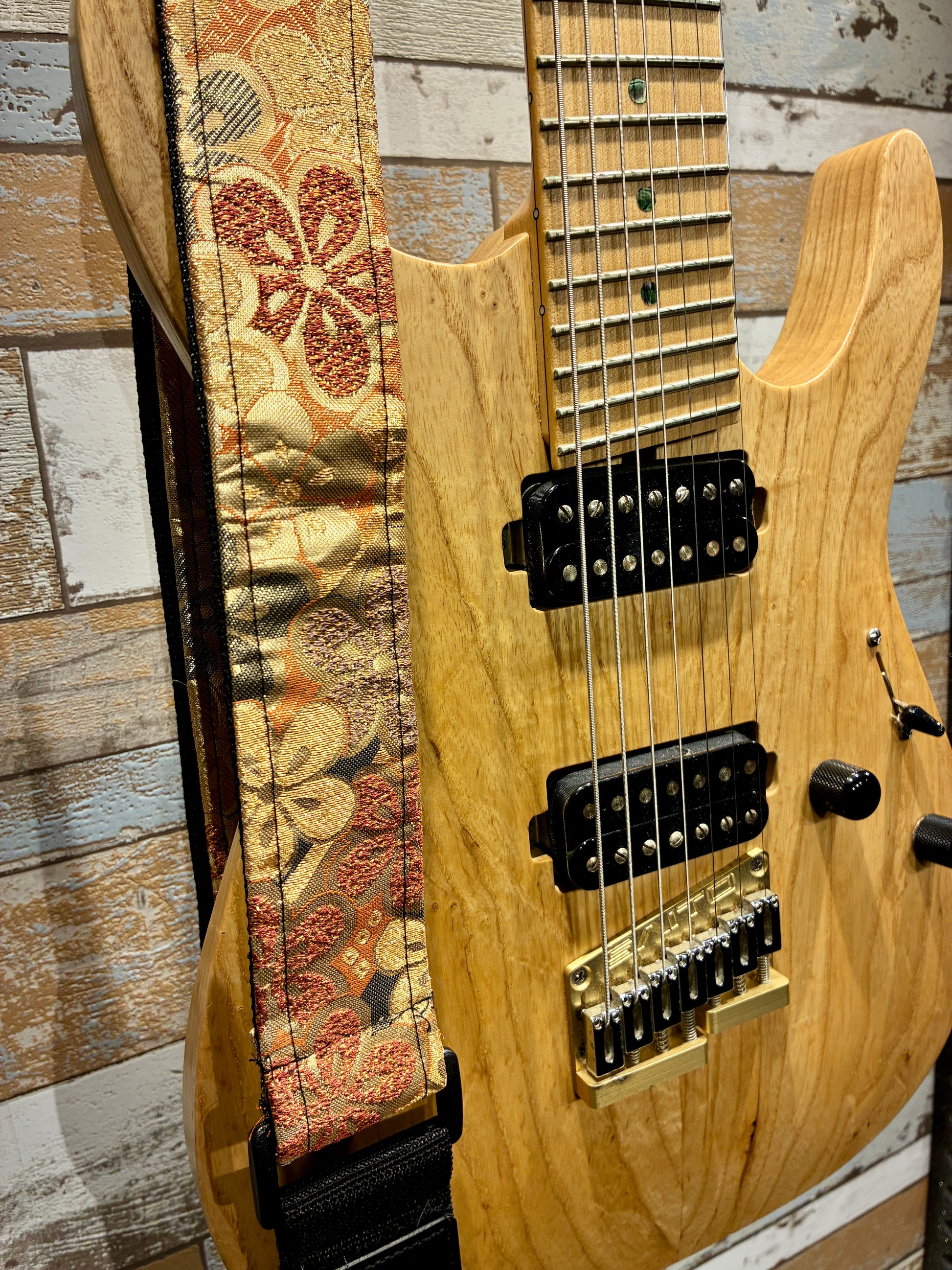 Hana No.02A — Kimono Obi Guitar Strap, full view of the strap showing the floral medallion.