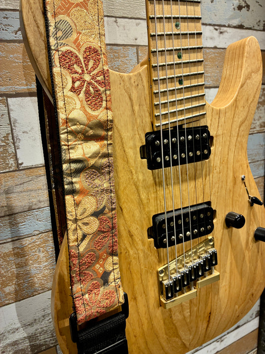 Hana No.02A — Kimono Obi Guitar Strap, full view of the strap showing the floral medallion.