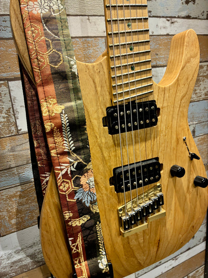 Kusabana No.02A — Kimono Obi Guitar Strap, full view of the strap showing the grass flowers.