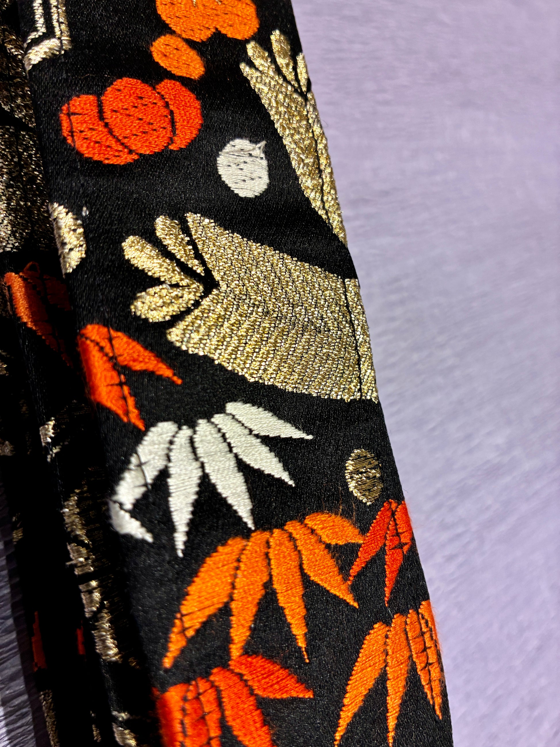 Hanakikko No.01A — Kimono Obi Guitar Strap, full view of the strap showing the flower and geometric weave.