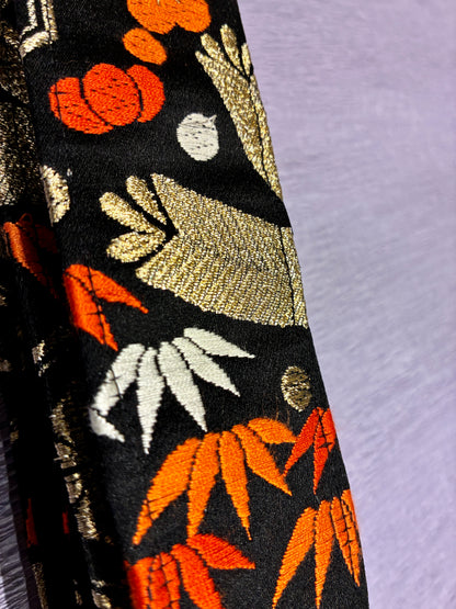 Hanakikko No.01A — Kimono Obi Guitar Strap, full view of the strap showing the flower and geometric weave.