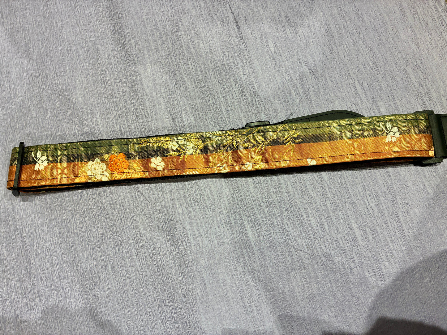 Kusabana No.03A — Kimono Obi Guitar Strap, full view of the strap showing the grass flowers.