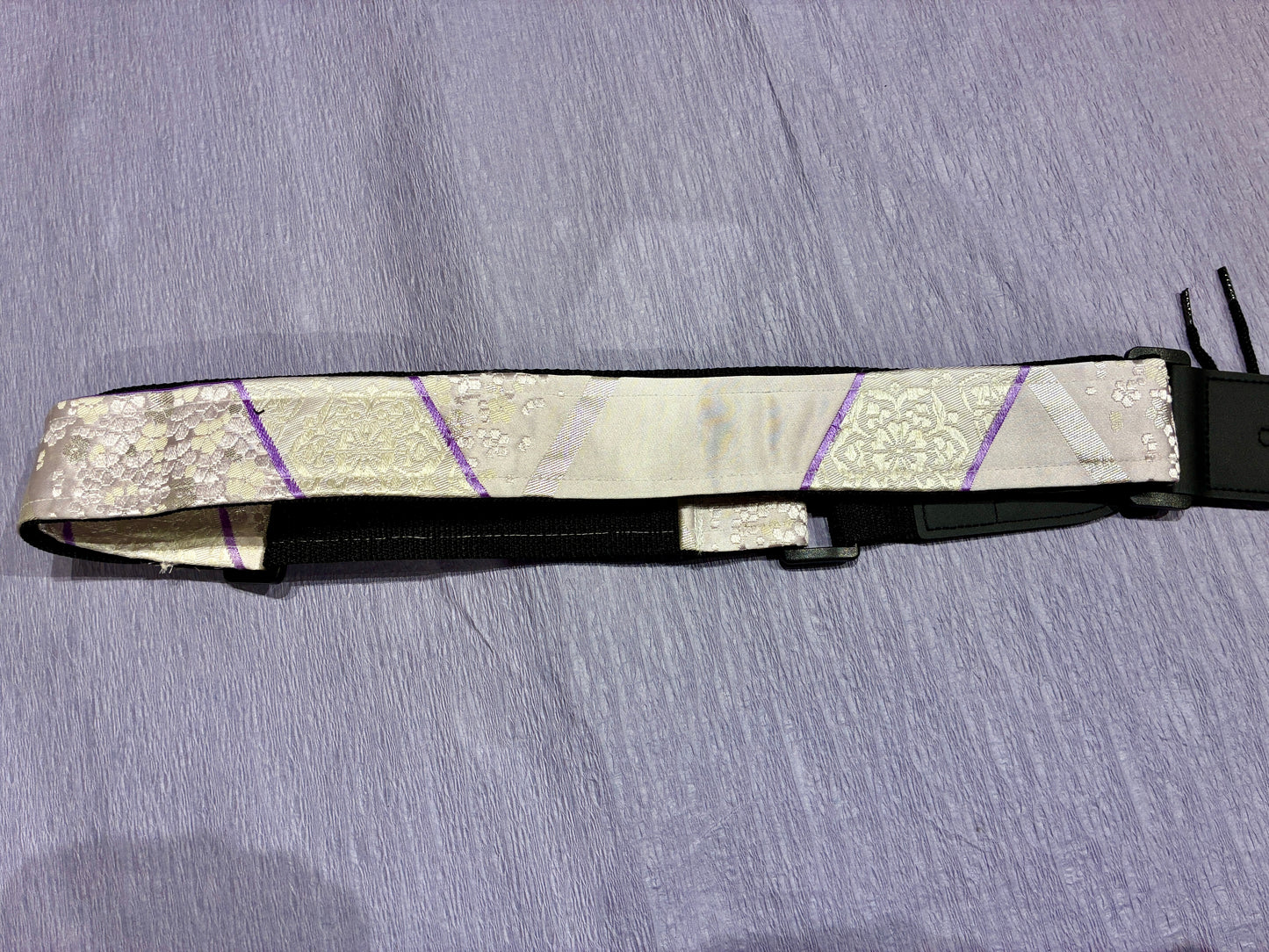 Shima No.01A — Kimono Obi Guitar Strap, full view of the strap showing the vertical stripe (shima).