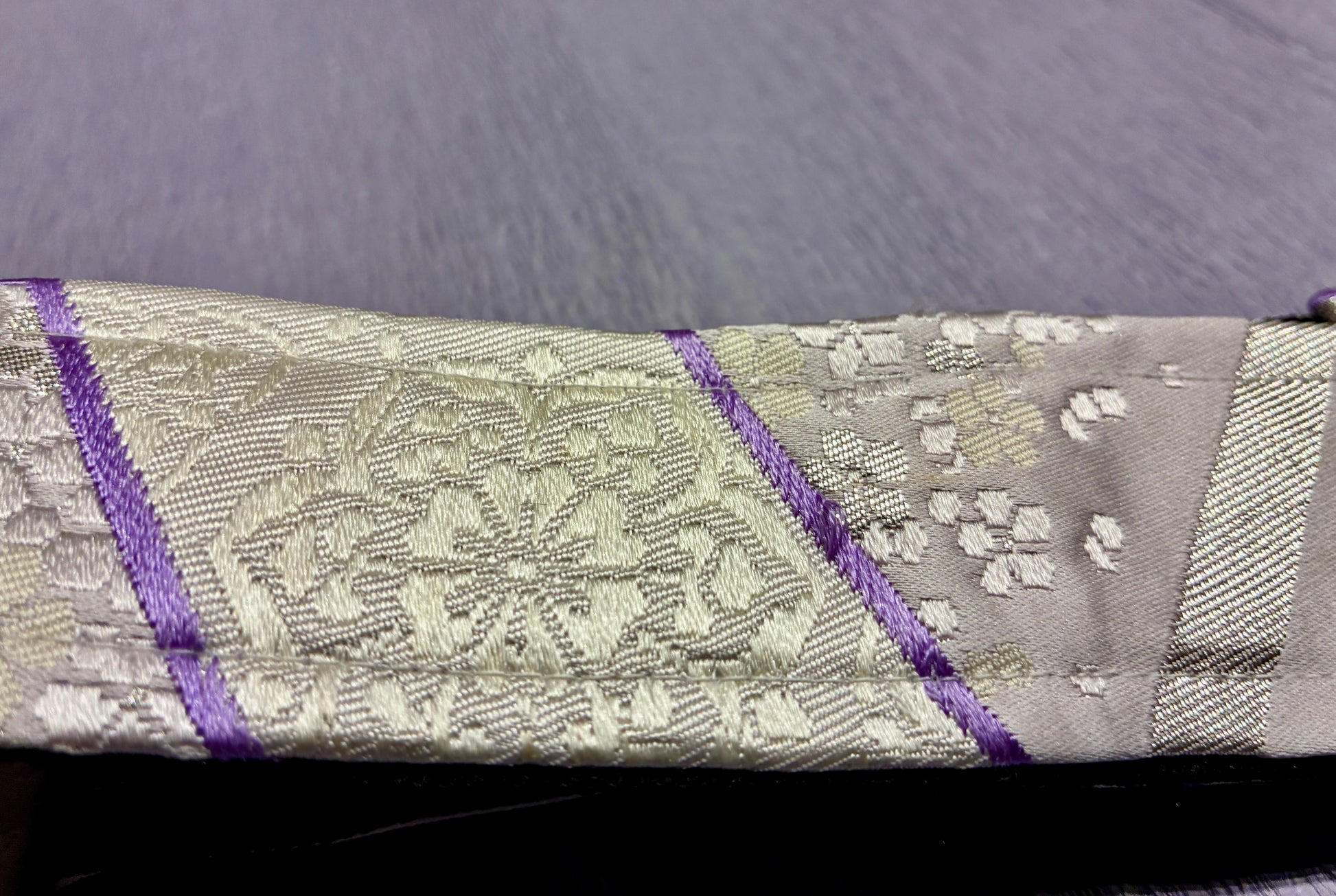 Shima No.01A — Kimono Obi Guitar Strap, full view of the strap showing the vertical stripe (shima).