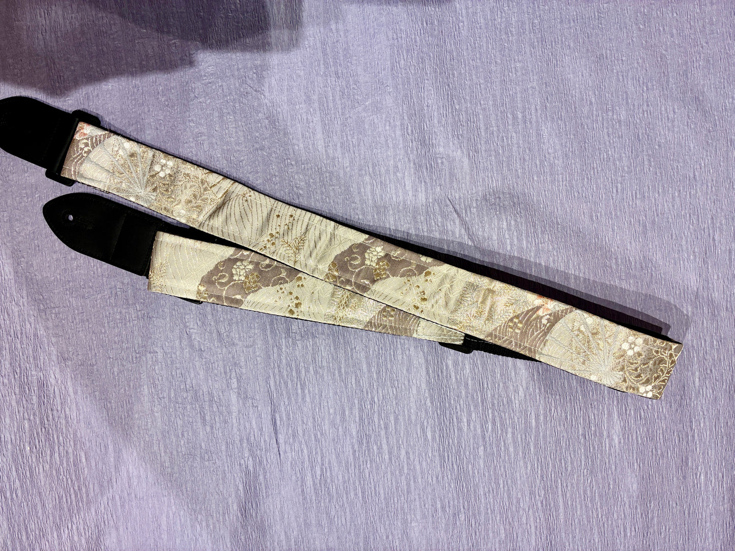 Sakura No.02A — Kimono Obi Guitar Strap, full view of the strap showing the cherry blossom motif.